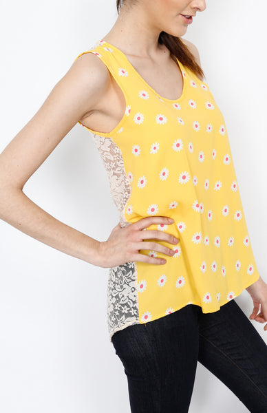 Floral Tank Top with Crochet Back Detail in Yellow