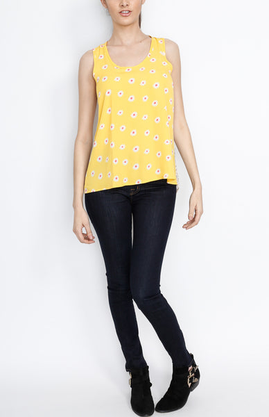 Floral Tank Top with Crochet Back Detail in Yellow