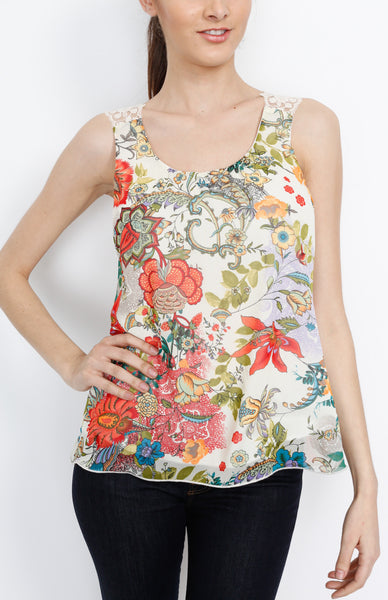 Cream Floral Print Tank Top with Crochet Detail