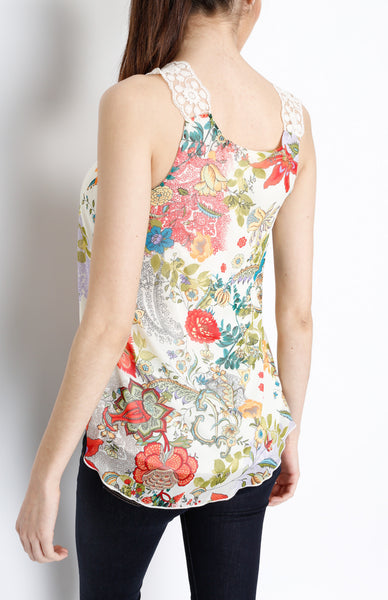 Cream Floral Print Tank Top with Crochet Detail