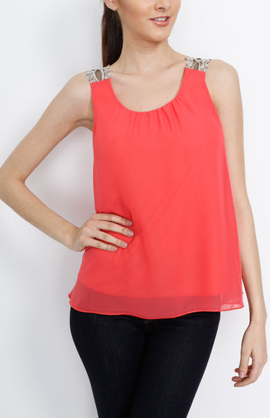 Coral Woven Tank with Lining Detail