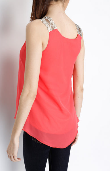 Coral Woven Tank with Lining Detail