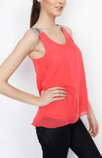 Coral Woven Tank with Lining Detail