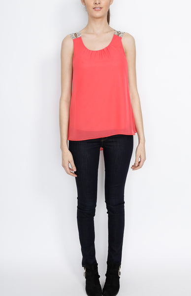 Coral Woven Tank with Lining Detail
