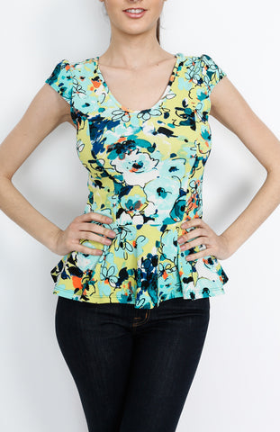 Teal Peplum Top with Floral Print