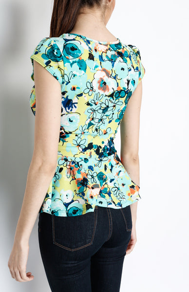 Teal Peplum Top with Floral Print