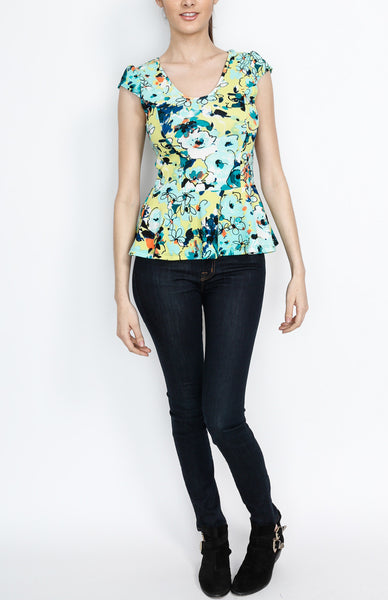 Teal Peplum Top with Floral Print