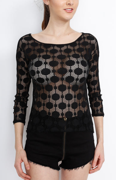 Black Long Sleeve Woven Top with Polka Dot Detail