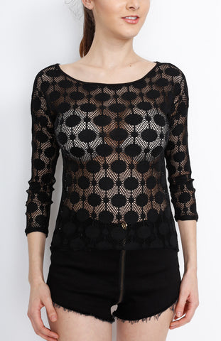 Black Long Sleeve Woven Top with Polka Dot Detail