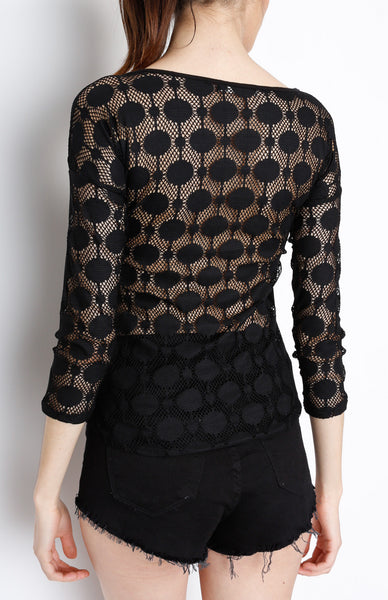 Black Long Sleeve Woven Top with Polka Dot Detail