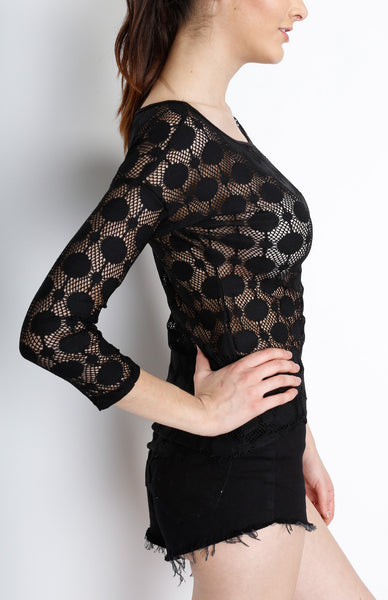 Black Long Sleeve Woven Top with Polka Dot Detail