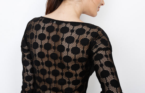 Black Long Sleeve Woven Top with Polka Dot Detail