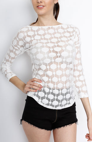 White Long Sleeve Woven Top with Polka Dot Detail