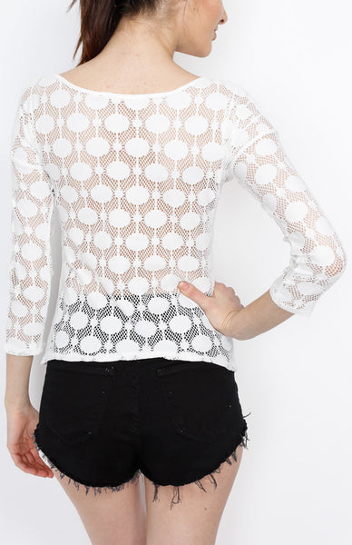 White Long Sleeve Woven Top with Polka Dot Detail