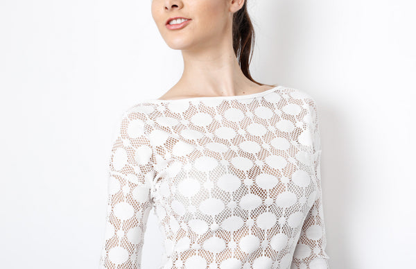 White Long Sleeve Woven Top with Polka Dot Detail