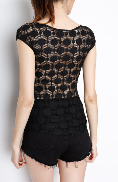 Black Sleeveless Knit Top with Mesh Detail