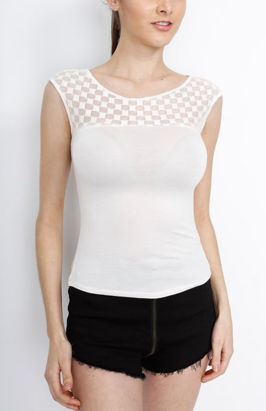 White Sleeveless Knit Top with Mesh Detail