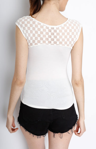 White Sleeveless Knit Top with Mesh Detail