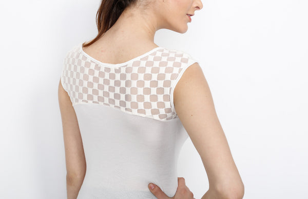 White Sleeveless Knit Top with Mesh Detail