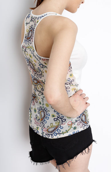 Ivory Knit Muscle Top with Paisley Detail and Front Pocket