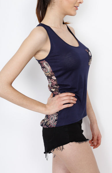 Navy Knit Muscle Top with Paisley Detail and Front Pocket