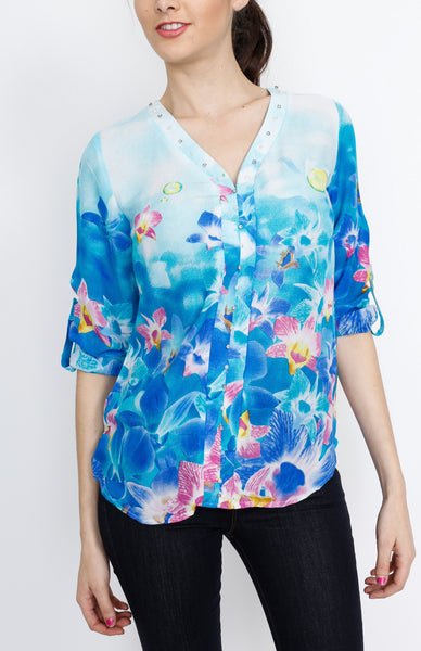 Blue Floral Long Sleeve with Embelishment Details