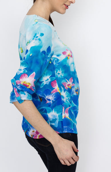 Blue Floral Long Sleeve with Embelishment Details