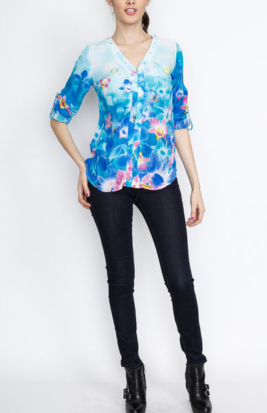 Blue Floral Long Sleeve with Embelishment Details