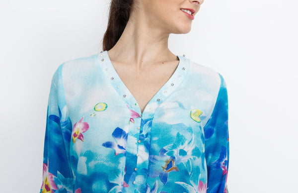 Blue Floral Long Sleeve with Embelishment Details