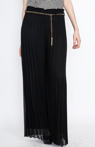 Black Pleated Pants with Gold Belt Detail