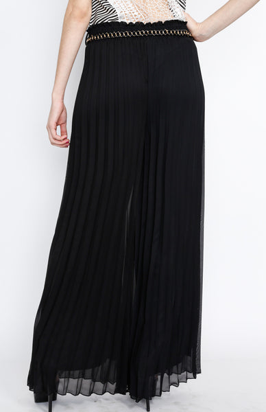 Black Pleated Pants with Gold Belt Detail