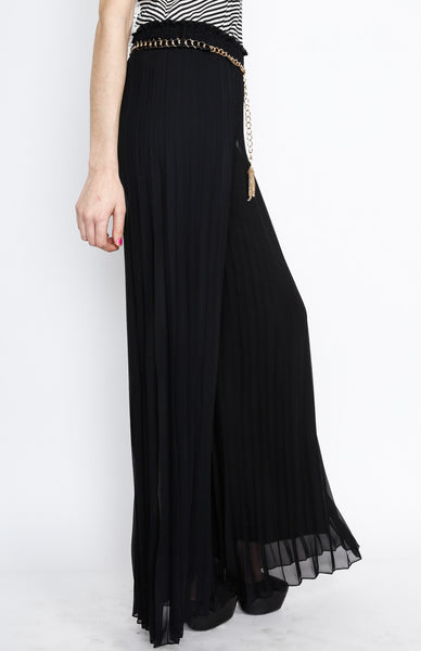 Black Pleated Pants with Gold Belt Detail