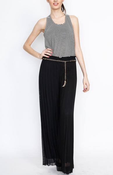 Black Pleated Pants with Gold Belt Detail