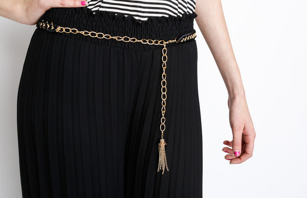 Black Pleated Pants with Gold Belt Detail