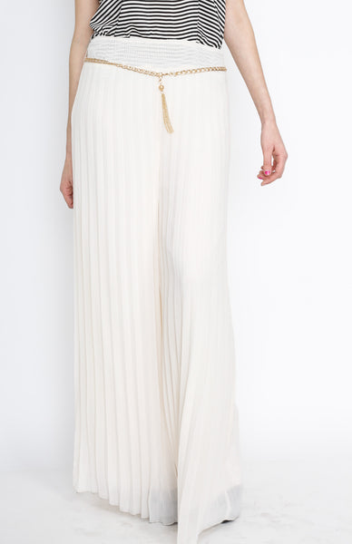 Cream Pleated Pants with Gold Belt Detail