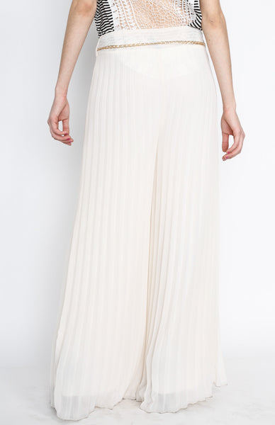 Cream Pleated Pants with Gold Belt Detail