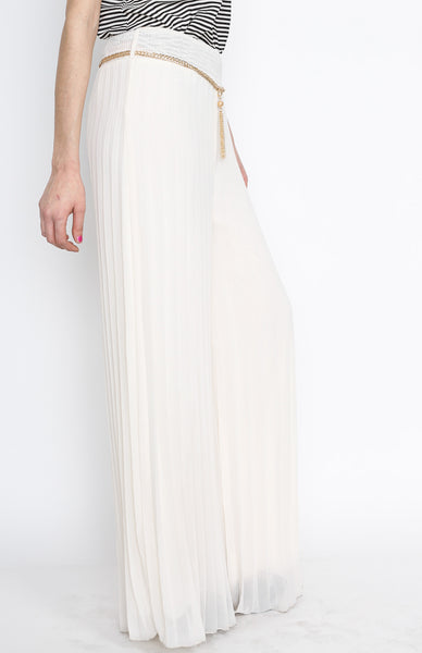 Cream Pleated Pants with Gold Belt Detail