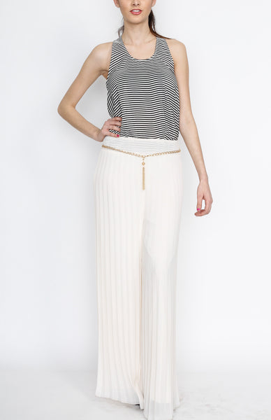 Cream Pleated Pants with Gold Belt Detail