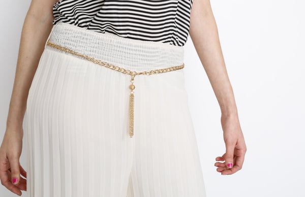 Cream Pleated Pants with Gold Belt Detail