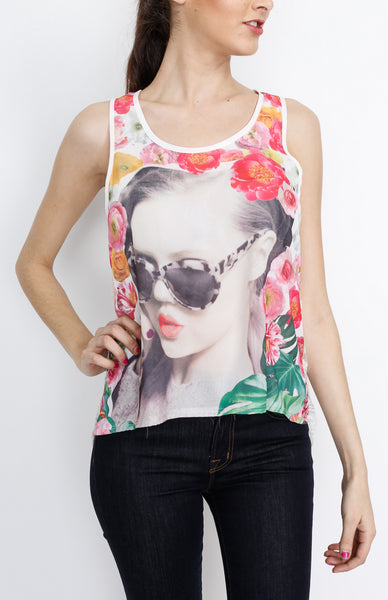 Printed White Floral Tank Top with Back Embriodery Detail