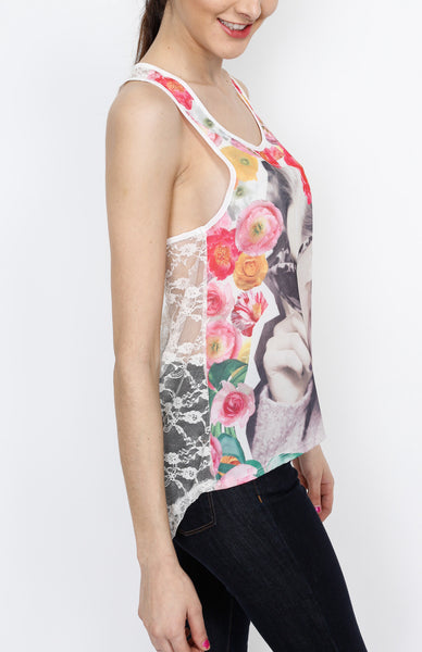 Printed White Floral Tank Top with Back Embriodery Detail