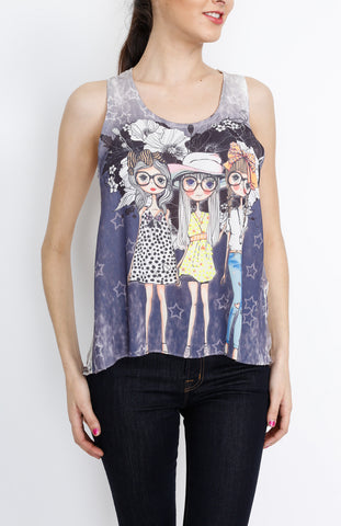 Navy Printed Tank Top with Studded and back Embriodery Detail