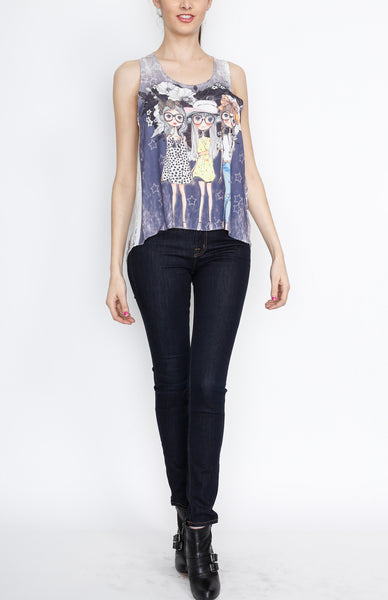 Navy Printed Tank Top with Studded and back Embriodery Detail