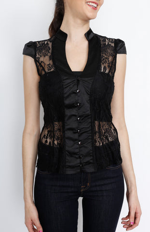 Black Crochet Button Down Top with Floral Details