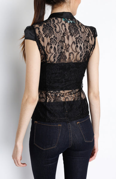 Black Crochet Button Down Top with Floral Details