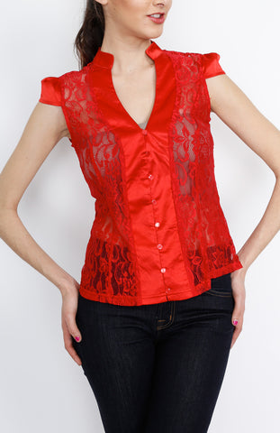 Red Crochet Button Down Top with Floral Details