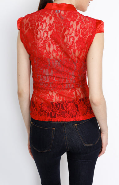 Red Crochet Button Down Top with Floral Details