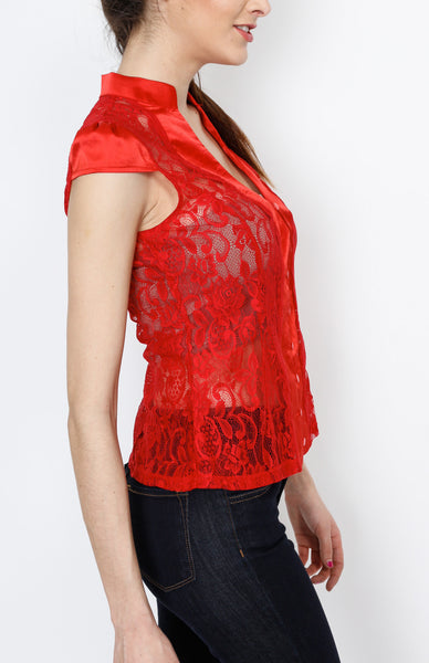 Red Crochet Button Down Top with Floral Details