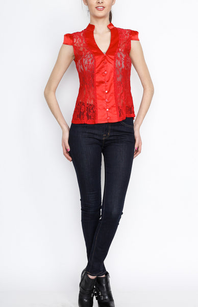 Red Crochet Button Down Top with Floral Details