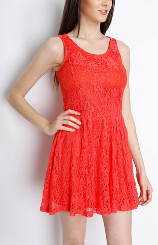 Coral Floral Crochet Skater Dress with Lining